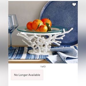 Glass serving platter on coral stand. No longer available from Pottery Barn.